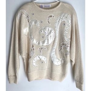 Gladys Bagley Vintage Silk Beaded Crochet Knitted Moon Cropped Sweater [US L]